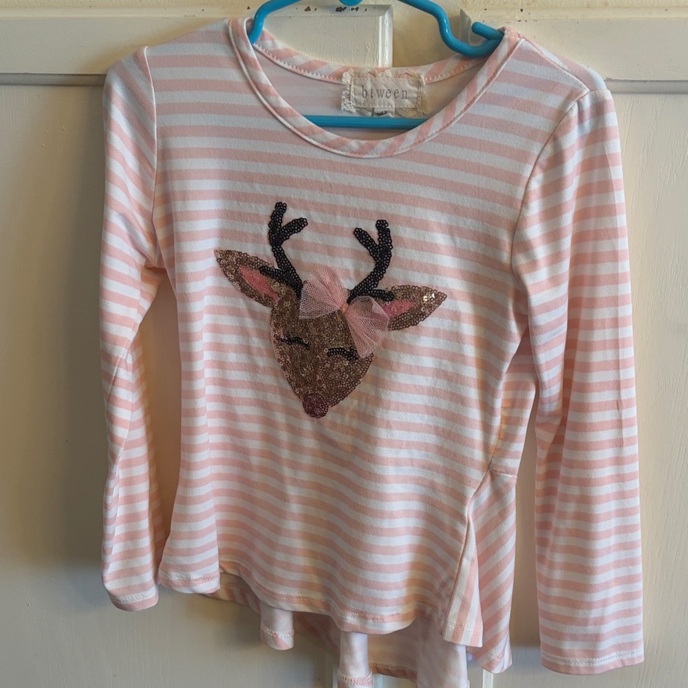btween Pink and White Striped Long Sleeve with Deer Design Girls 4T